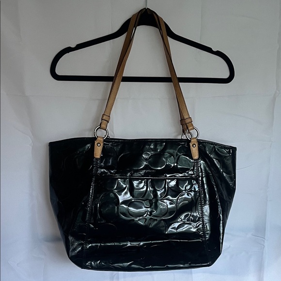 Coach Black Patent Leather Tote with Tan Straps - Picture 2 of 9